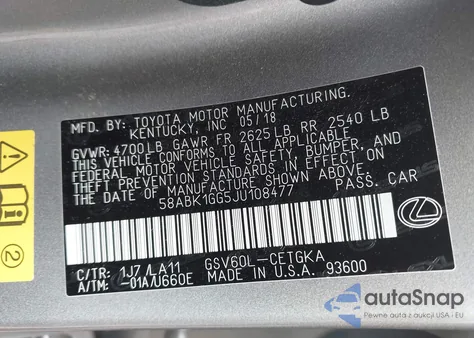 2018 Lexus Es 350 z USA, uszkodzony, nr VIN 58ABK1GG5JU108477